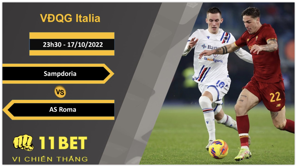 11BET Soi kèo Sampdoria vs AS Roma, 23h30, 17/10/2022